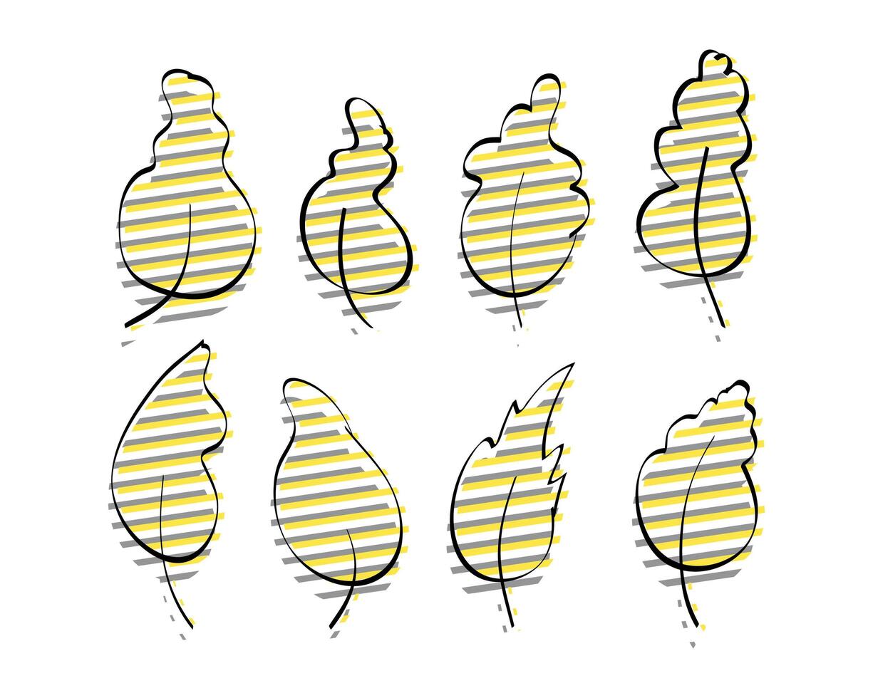 Set of stylish hand-drawn leaves with yellow-gray glitch effect. Elements for the design of postcards, books, menus or advertising. Isolated. vector