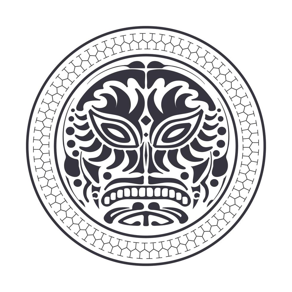 Round tattoo mask in the Polynesian style. Black and white tattoo of the Mayan tribe. Isolated. Vector