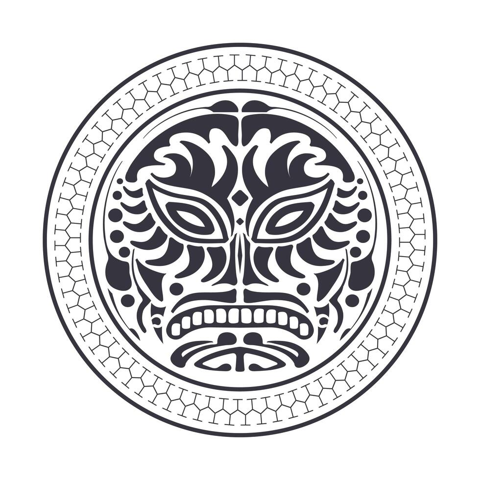 Round tattoo mask in the Polynesian style. Black and white tattoo of the Mayan tribe. Isolated. Vector