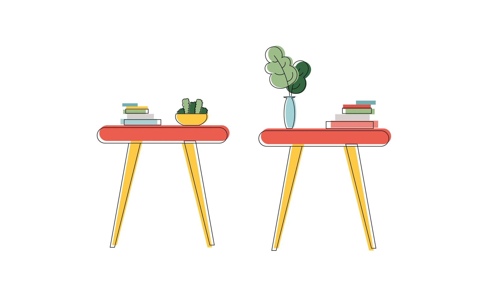 mesa con libros y una planta de interior. arte lineal. ilustración vectorial vector