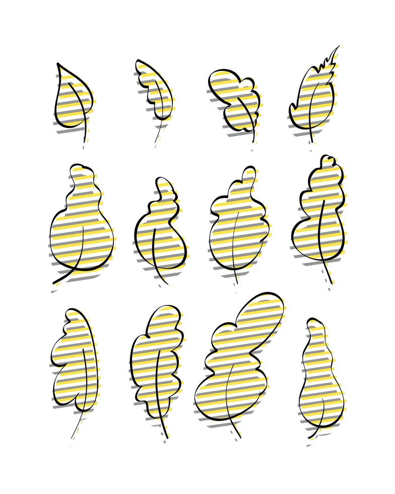 Set of stylish hand-drawn leaves with yellow-gray glitch effect. Doodle style. Elements for the design of postcards, books, menus or advertising. Isolated. Vector