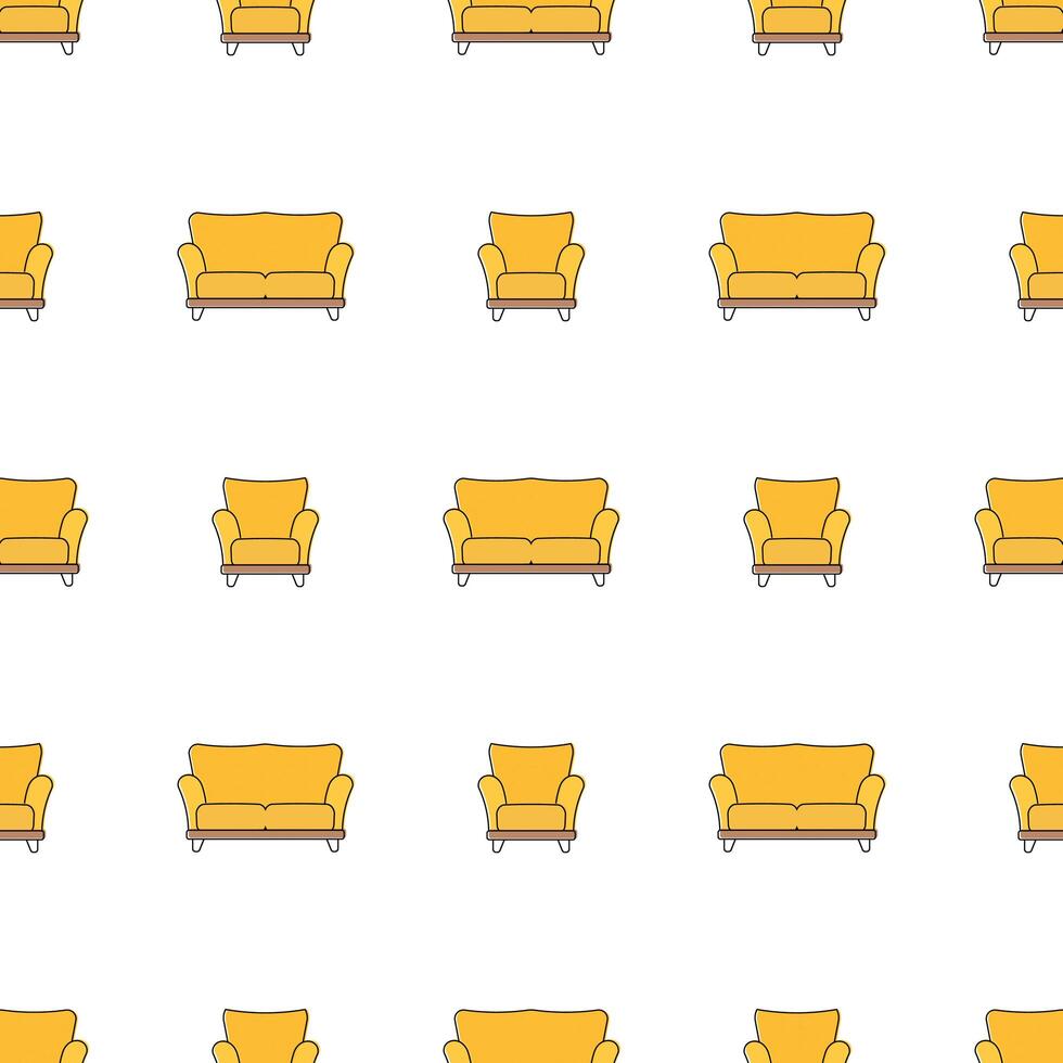 Seamless pattern with yellow armchair and sofa. Minimalism background with flower pots and triangles. Line art. vector