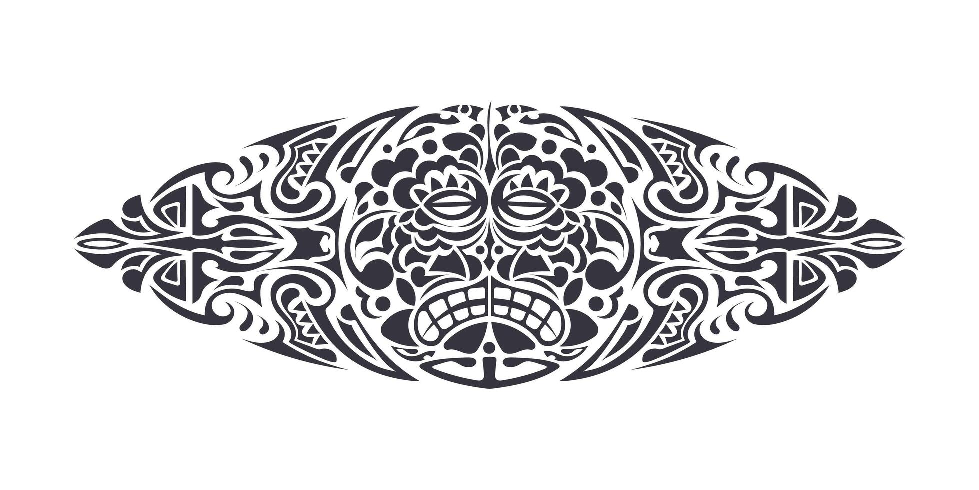 Hawaiian or Polynesian style tattoos. Good for the back or chest. Mask of the gods. Traditional tribal ornament. Handmade. Vector illustration.