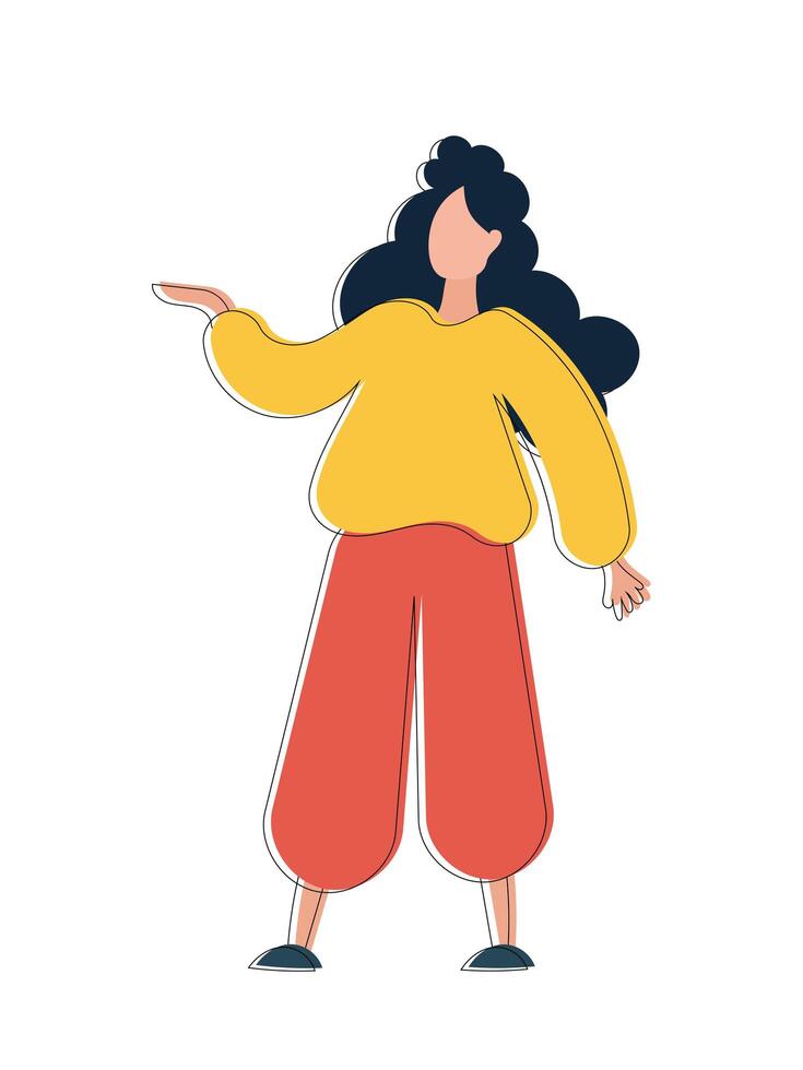 Girl in line art style is pointing or holding something. For presentations, applications or banners. Isolated. Vector. vector