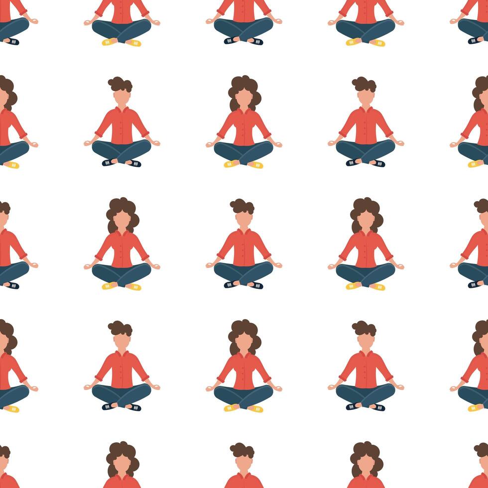 Seamless pattern with yoga people. Guy and girl meditating and doing breathing exercises seamless pattern in . vector