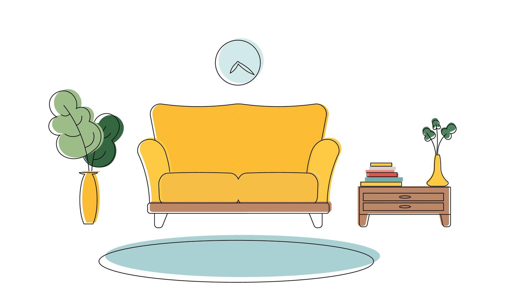 Interior elements in color line art style. Carpet, houseplant, books, chest of drawers, floor lamp, sofa. Suitable for decorating appliques, banners or presentations. Vector. vector