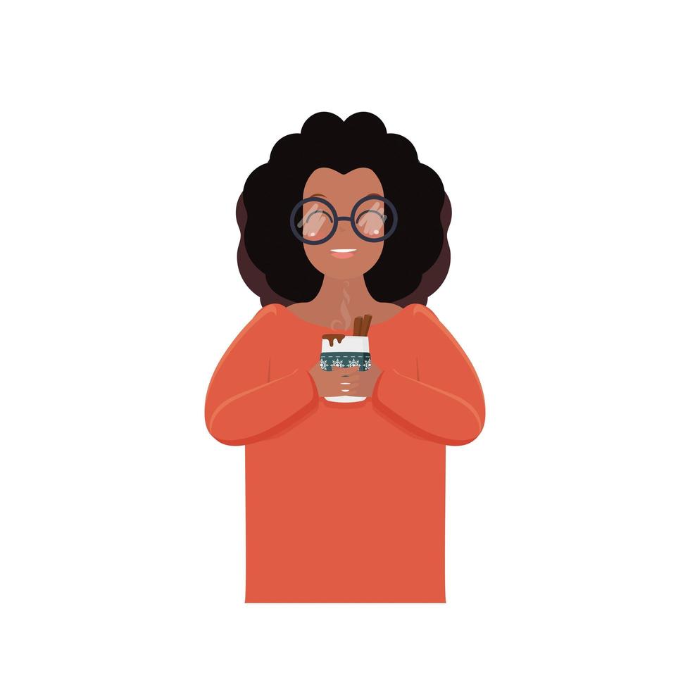 niña afroamericana con gafas sostiene una taza con una bebida caliente en sus manos. bonita mujer de piel oscura. estilo plano aislado. vector. vector