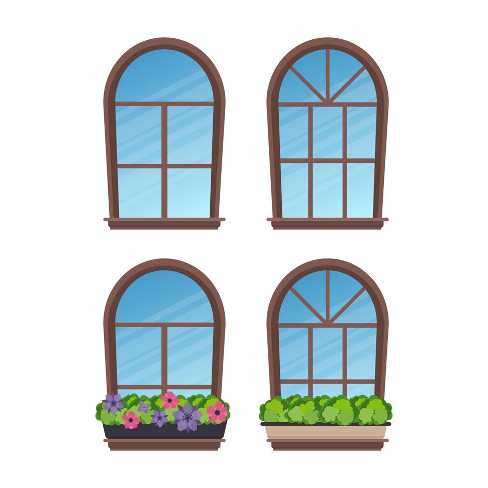 Set of semicircular windows in a flat style. Isolated. Vector illustration.