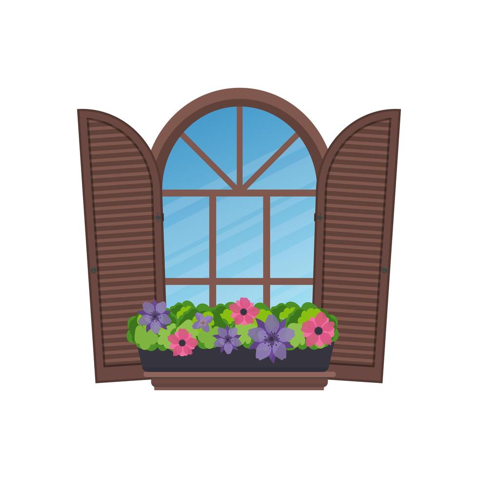 Semicircular arched window with flowers and security shutters in Italian style. Vector illustration.