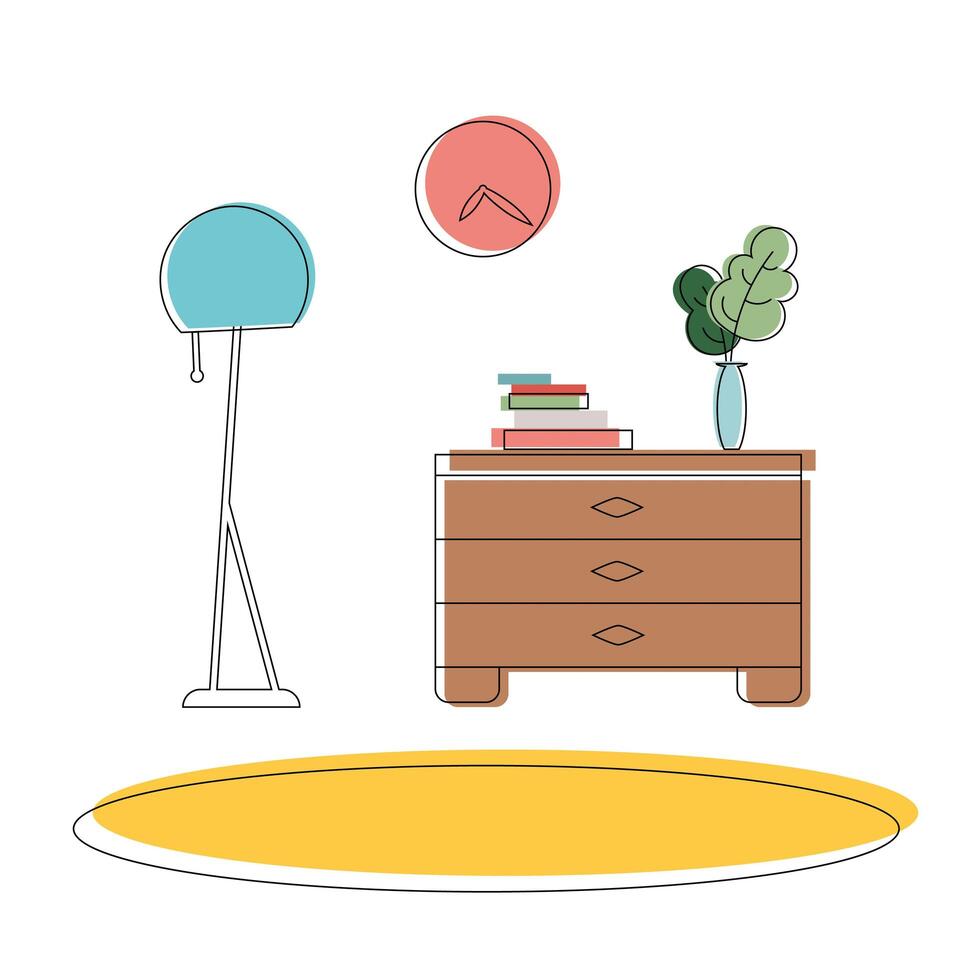 Interior elements in line art colored style. Carpet, floor lamp, houseplant, books, chest of drawers. Good for design applications, banners, postcards or presentations. Universal concept. . vector