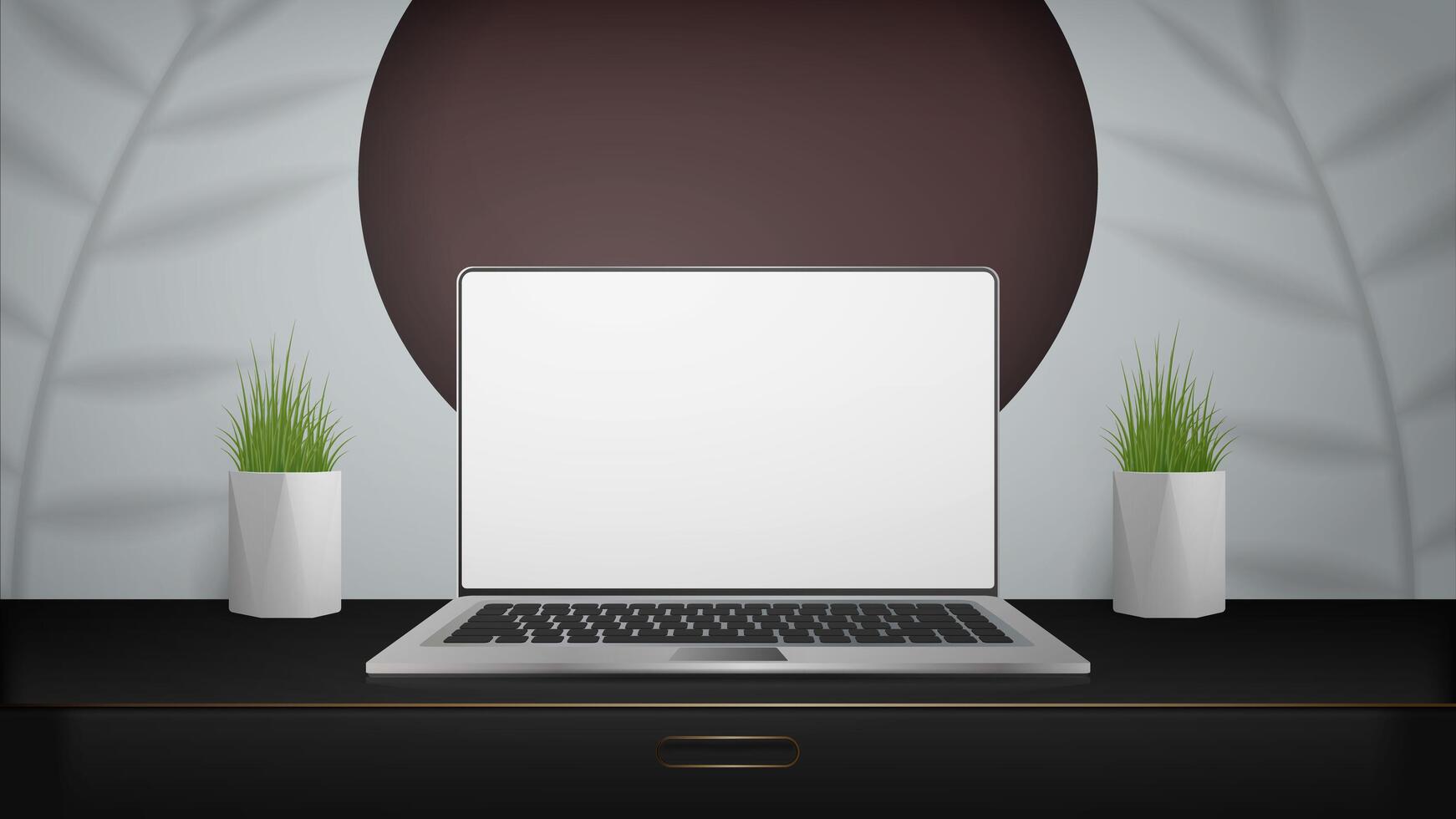 Laptop on desk with plants and vases vector
