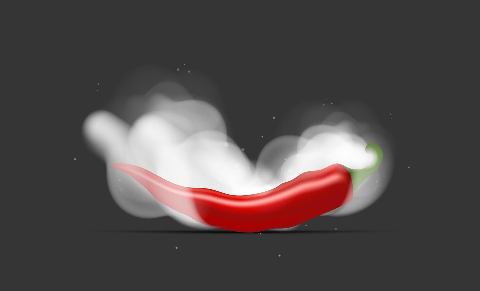 Red hot peppers in smoke. Chili pepper in white clouds of smoke. Realistic style. Vector illustration.