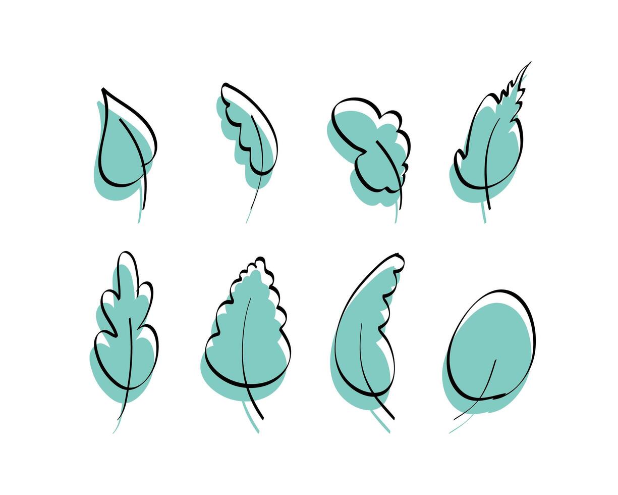 A set of stylish hand-drawn leaves with an offset outline. Elements for the design of postcards, books, menus or advertising. Isolated. Vector