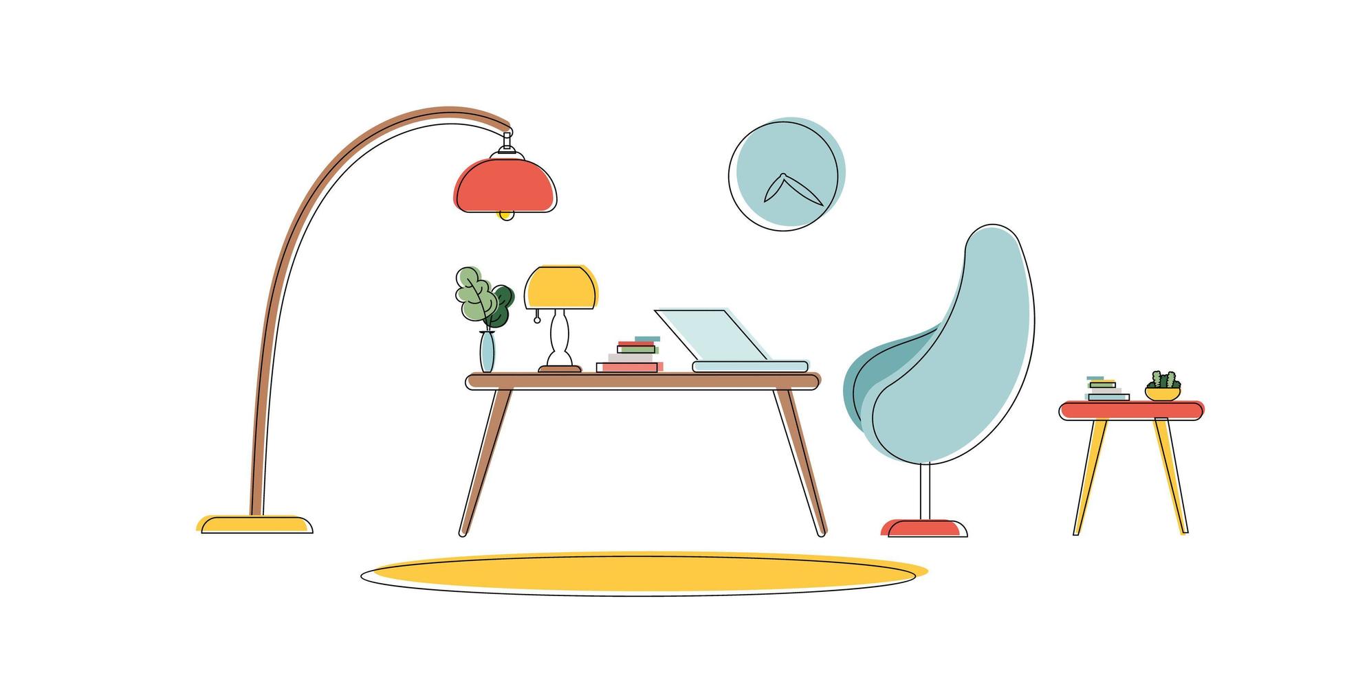 Workplace in line art style. Table, laptop, floor lamp, carpet, books and houseplant. Vector illustration.