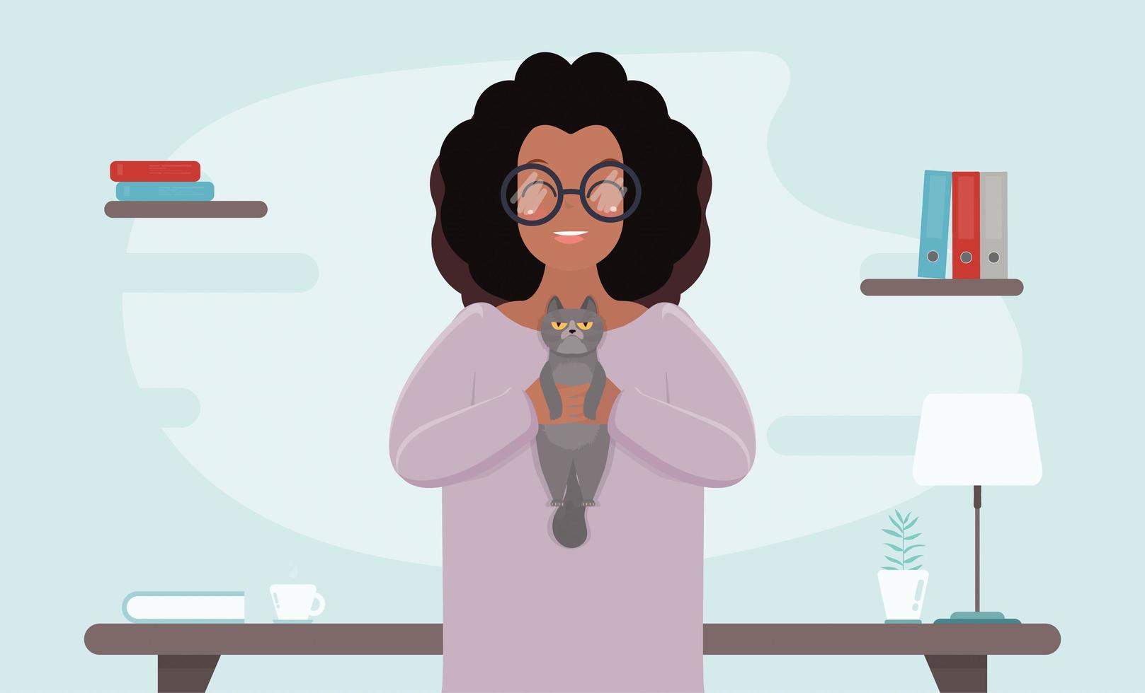 African American girl with glasses holds a gray cat in her arms. Dark-skinned woman in a room with a funny cat. Flat style. Vector. vector