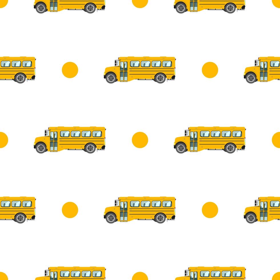 Baby bright cartoon bus vector seamless pattern on white background. Funny cute hand drawn kids toy transport.