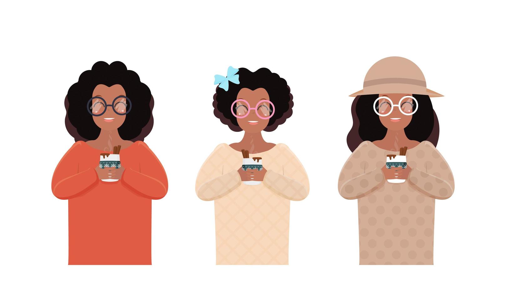 A set of African girls holding a hot drink in their hands. Dark-skinned cute girl and a cup of coffee. Isolated. Venctor. vector