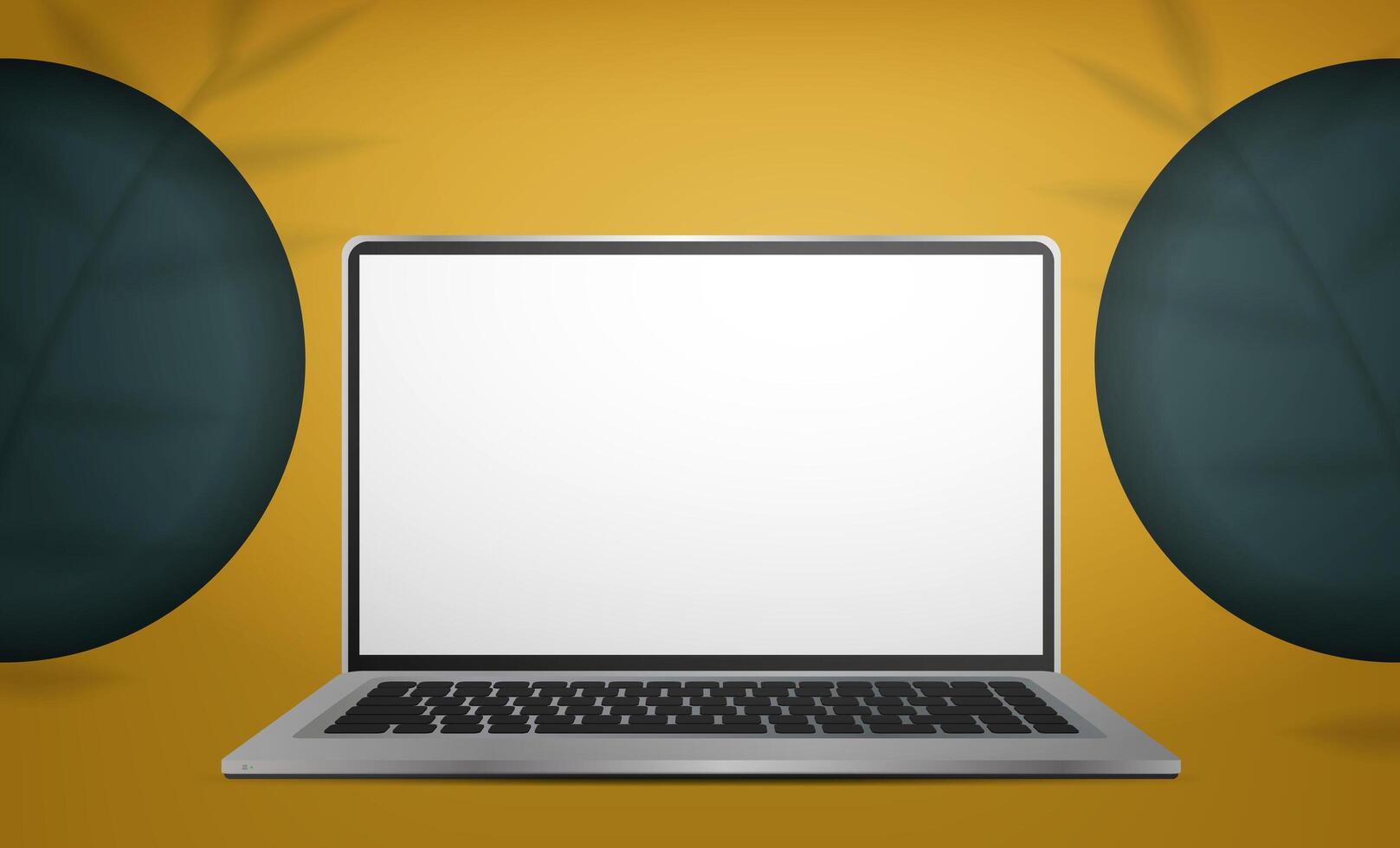 Laptop with a white screen. Yellow studio background space with leaves shadows. Showcase premium cosmetics, luxury goods, and home appliances. Vector. Realistic style. vector