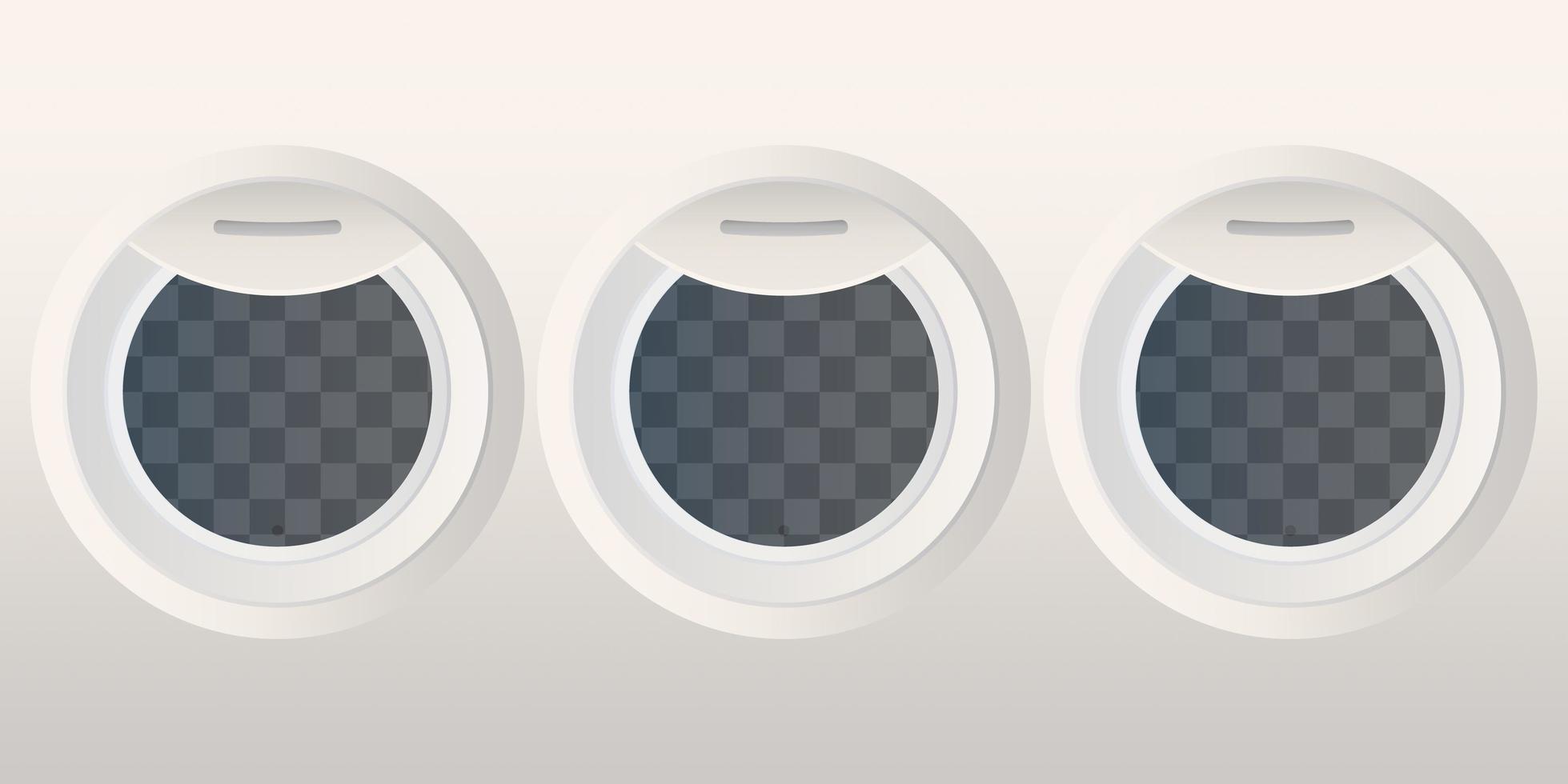 Realistic round portholes with transparent glass. Airplane and space shuttle window. Vector illustration