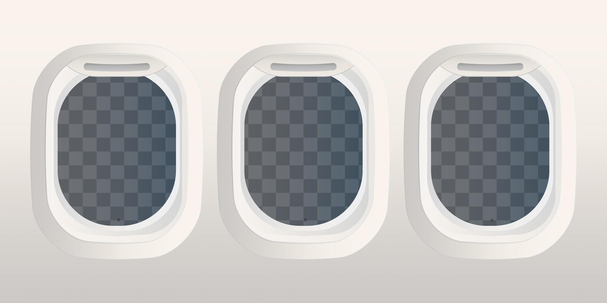 Realistic rectangular portholes with transparent glass. Airplane and space shuttle window. Vector illustration