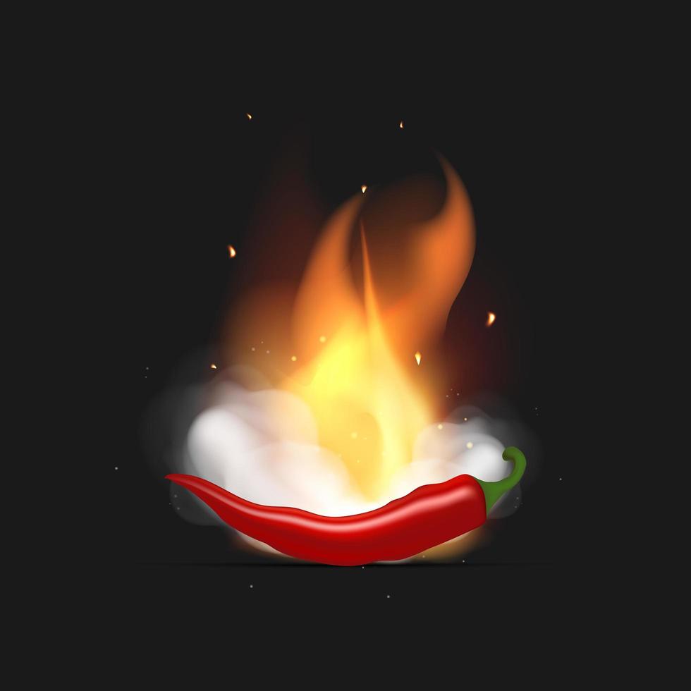 Red hot peppers on fire and smoke. Chili peppers white clouds of smoke and flames. Realistic style. Vector illustration.