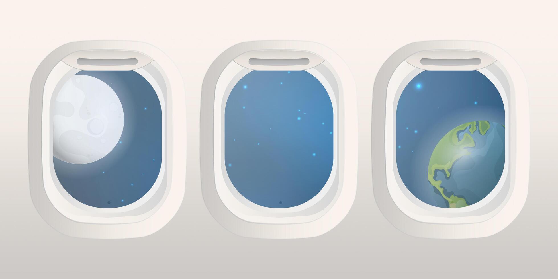 Realistic rectangular portholes with a view of space. Airplane and space shuttle window. Vector illustration