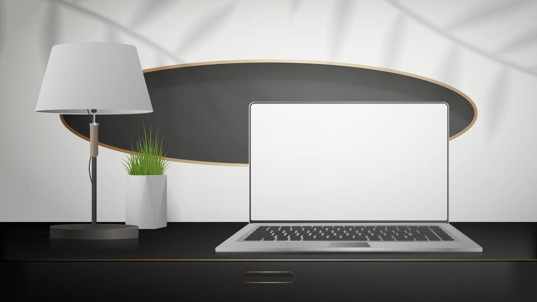 Laptop on desk with plant and lamp vector