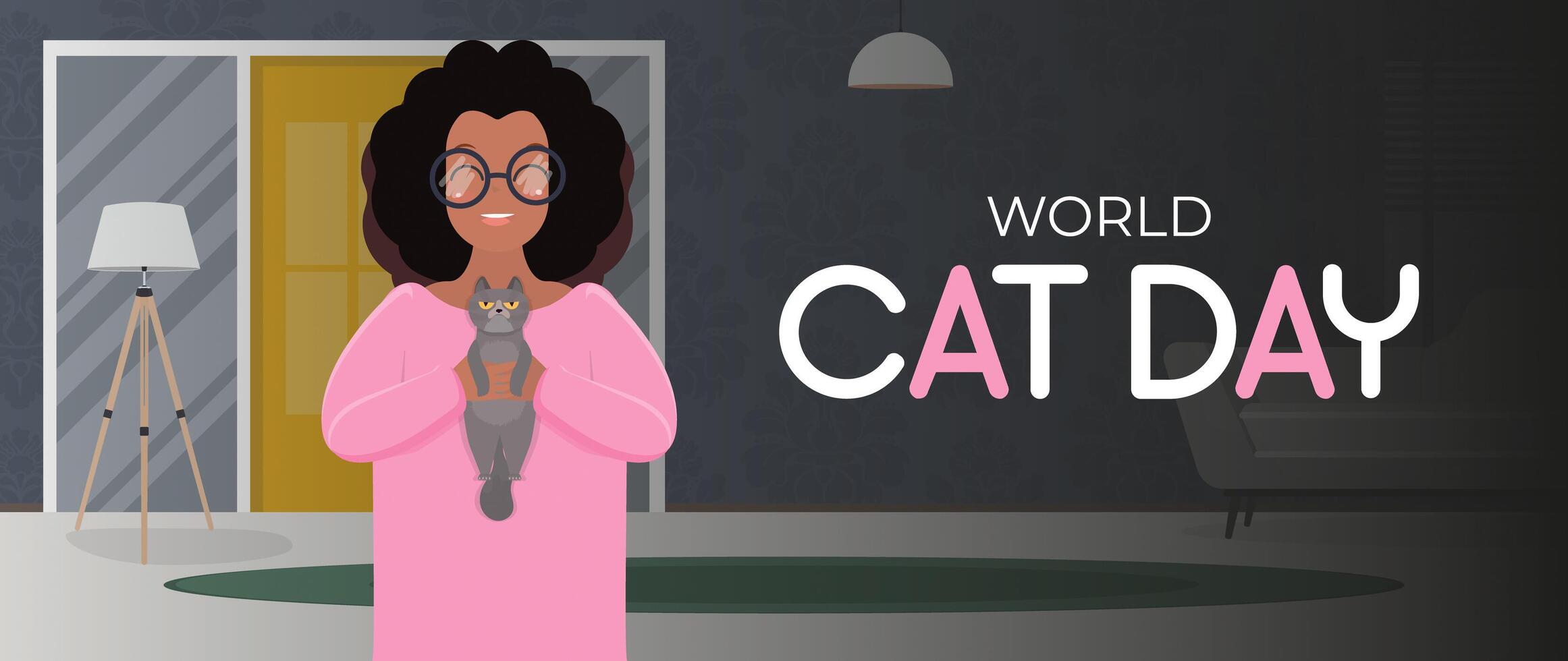 World cat day banner. A dark-skinned girl with curly hair is holding a gray cat. African American girl playing with a cat. Flat style. Vector illustration.