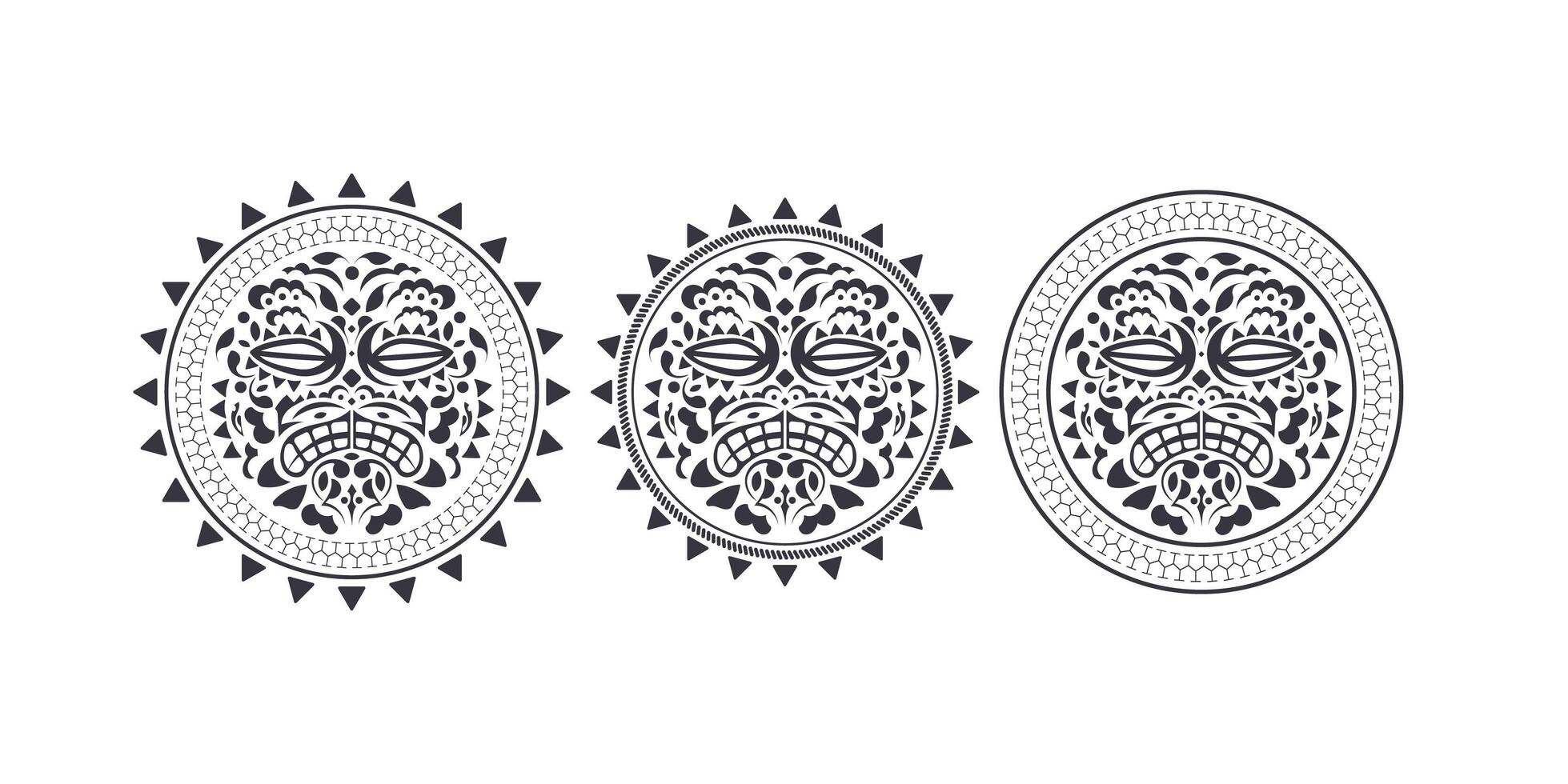 Hawaiian and Polynesian Tiki head totem. Illustration of a mask of indigenous tiki from Hawaii and Polynesia in black and white, the faces of the gods with crowns traditionally. vector