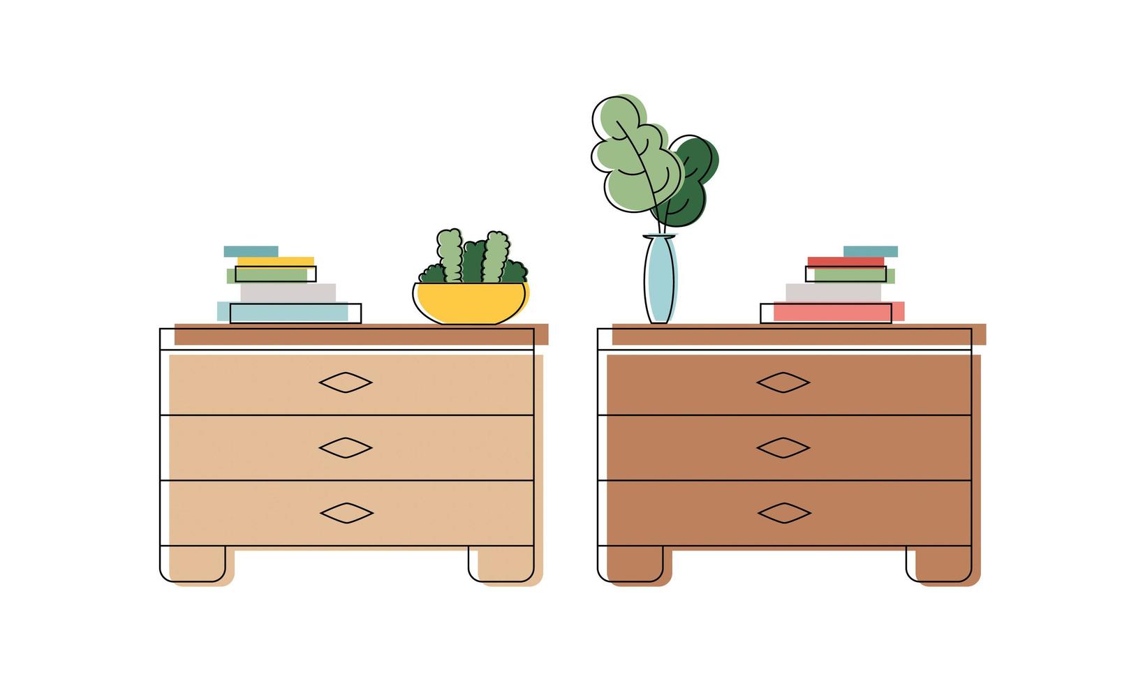 Chest of drawers with books and a houseplant. Line art. Vector illustration.