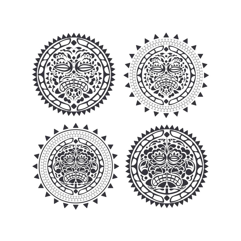 conjunto de iconos de dibujo de máscara tiki en blanco y negro aislado sobre fondo blanco. cabezas de tótem de la cultura hawaiana y polinesia con adornos pintados. ilustración vectorial vector