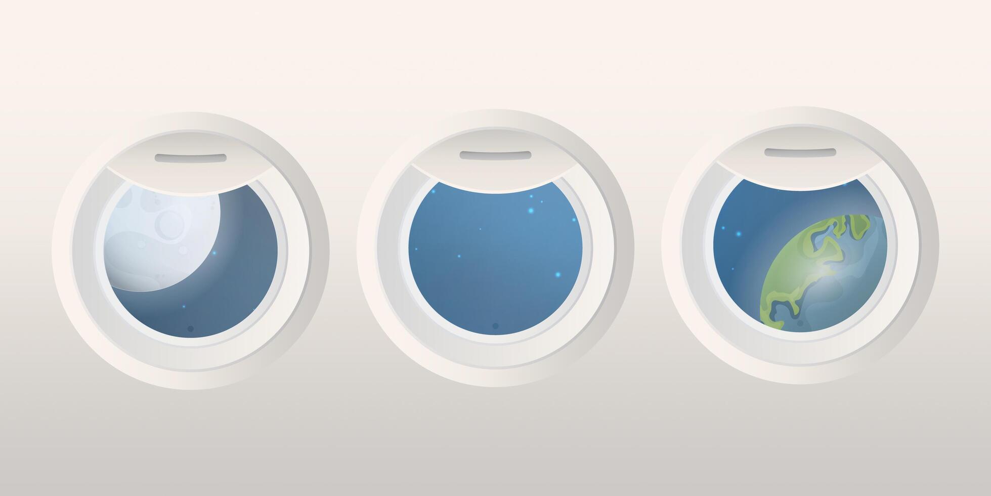 Realistic round portholes with a view of space. Airplane and space shuttle window. Vector illustration