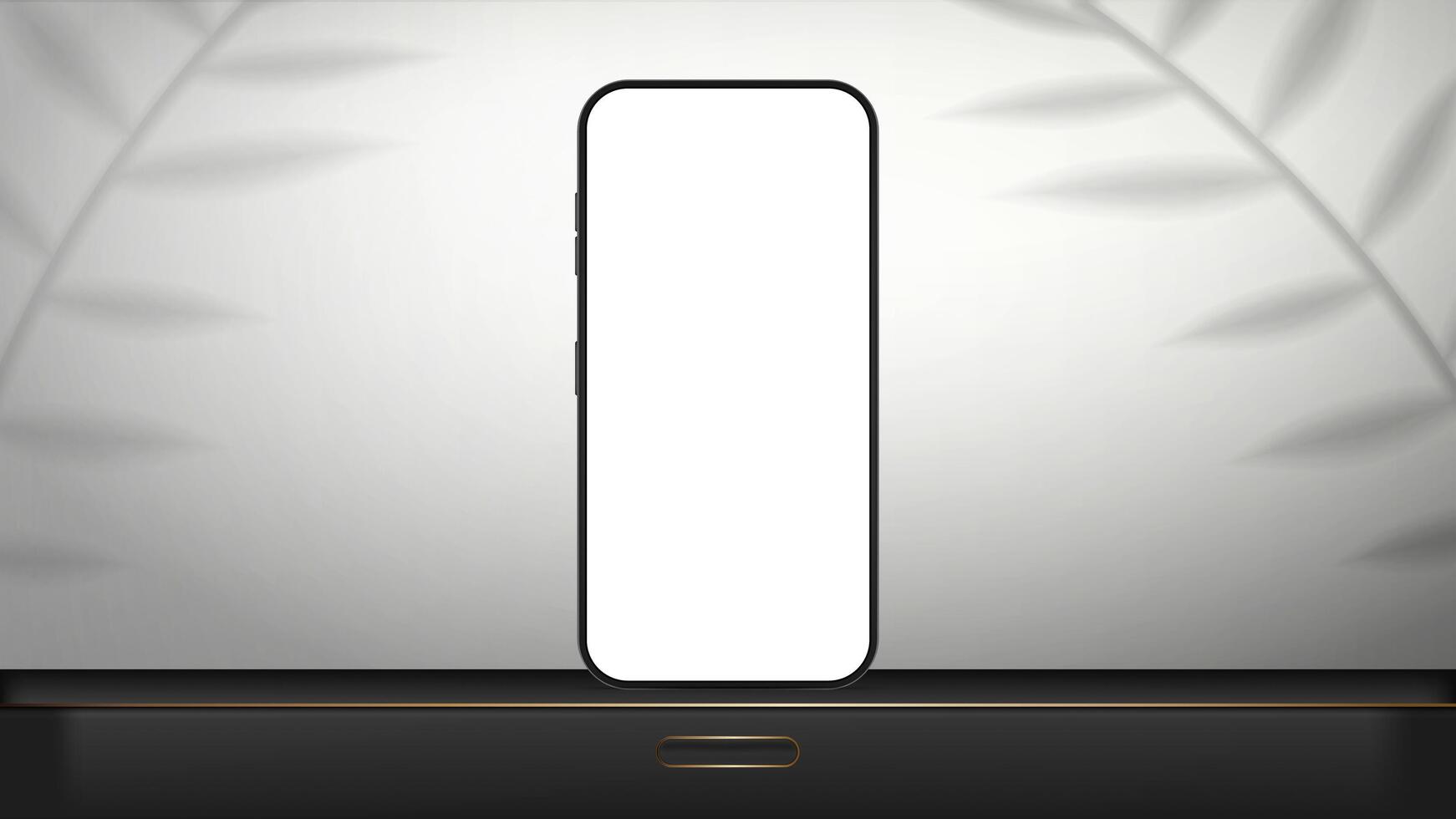 A telephone with a white screen stands on a black curbstone. Workplace. Layout for displaying sites, applications, games and advertisements. Vector illustration.