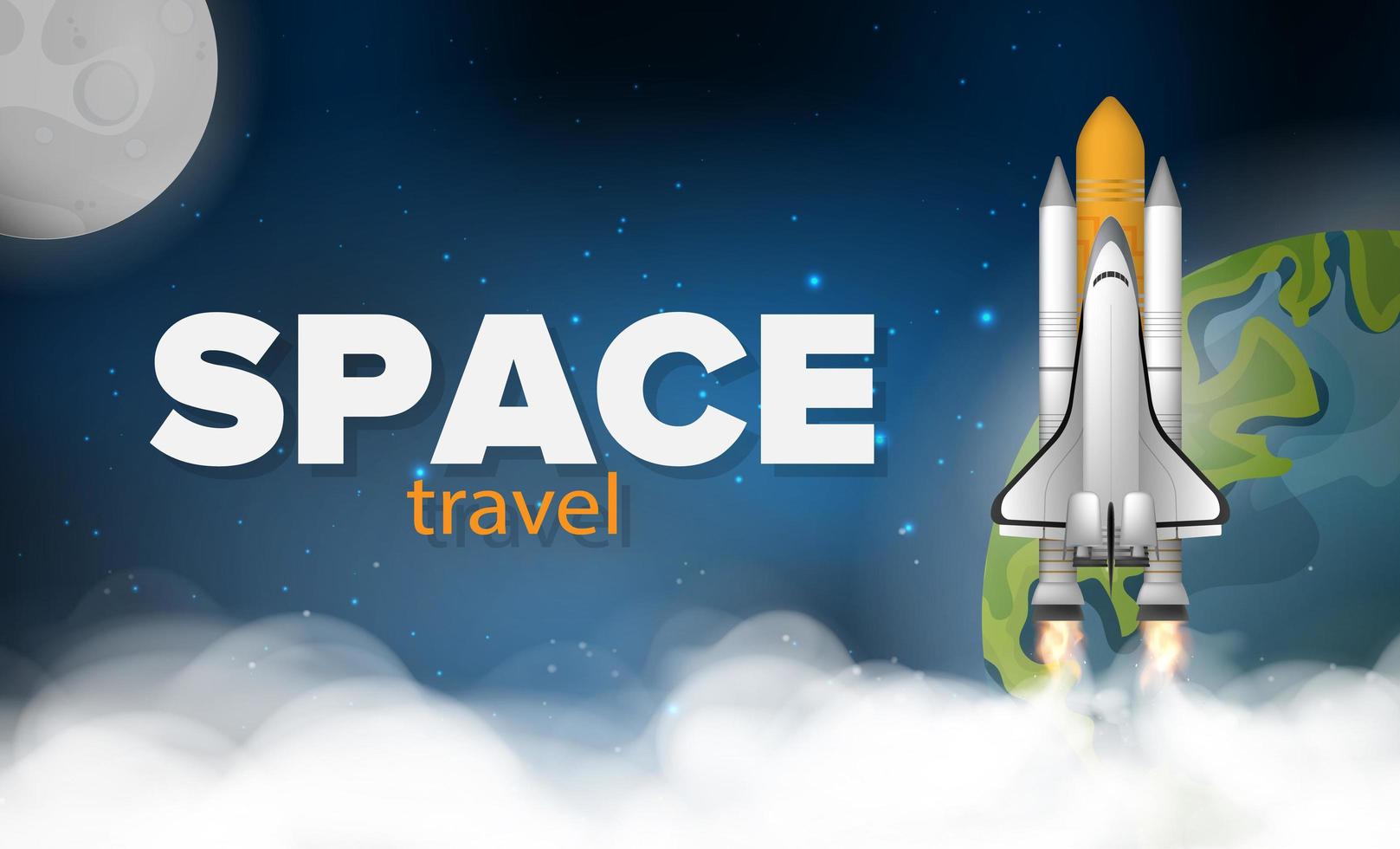 Space travel banner. A rocket or shuttle flies through space against the background of space, the planet earth and the moon. Realistic style. Vector illustration.