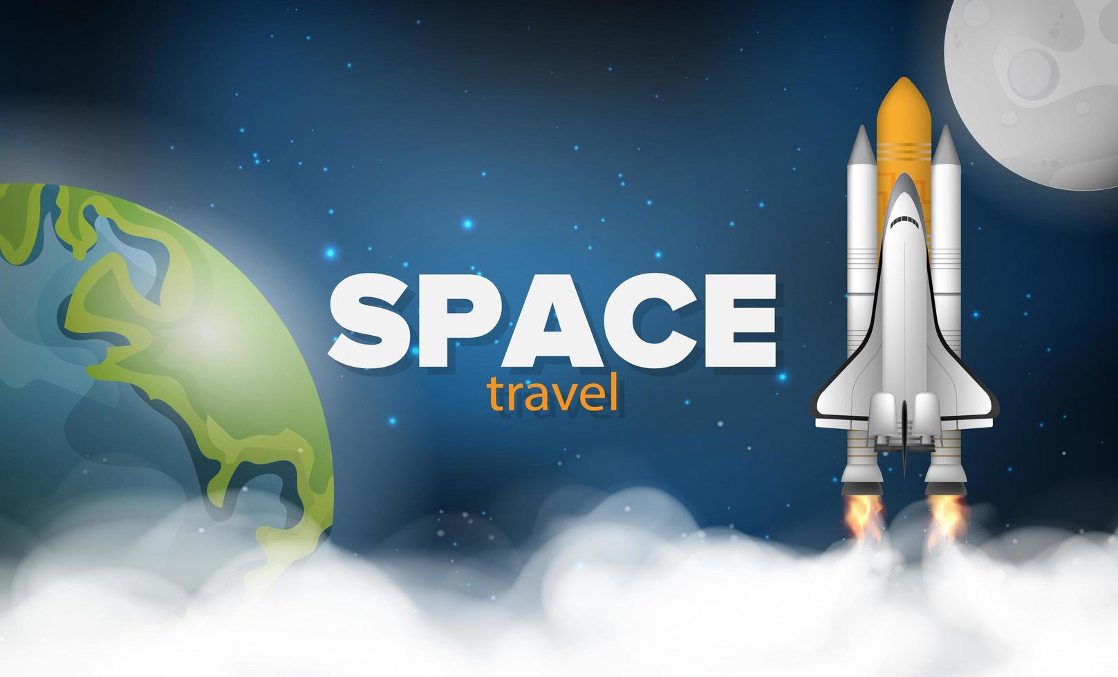pancarta de viaje espacial. un cohete o un transbordador vuela por el espacio contra el fondo del espacio, el planeta tierra y la luna. estilo realista. vector
