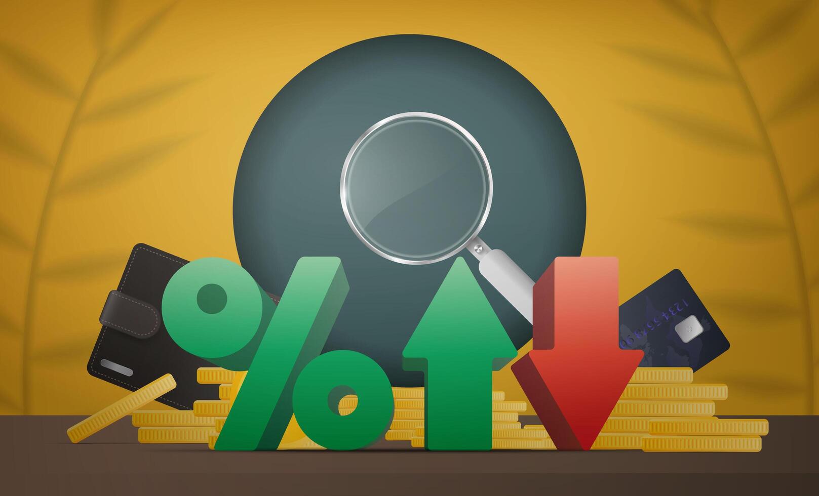 Percentage with up and down arrows, gold coins, bank card, magnifier. Yellow studio background space with leaf shadows. Vector. Realistic style. vector