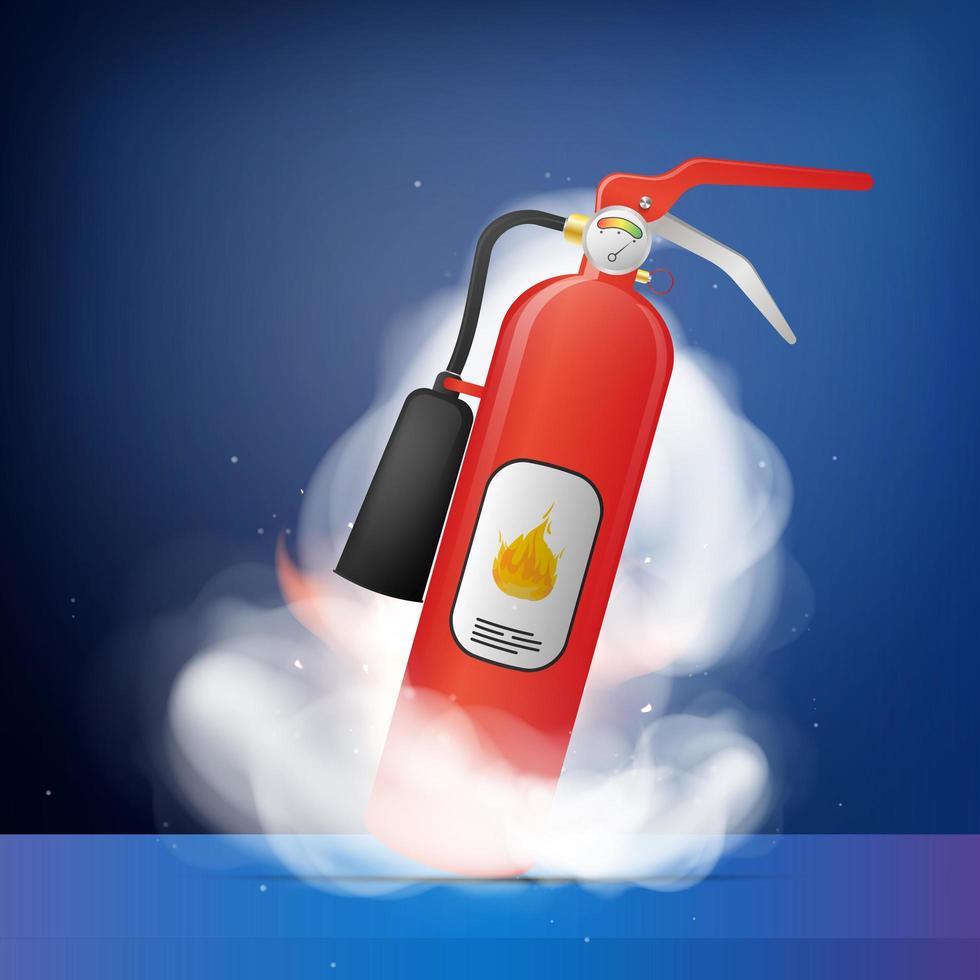Fire extinguisher on fire and smoke. Icon for design on the theme of fire safety. Vector illustration.