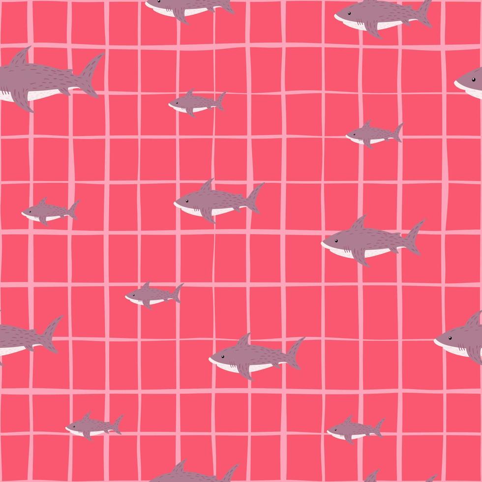 Random shark seamless pattern with pale fish shapes. Pink chequered background. Marine print. vector