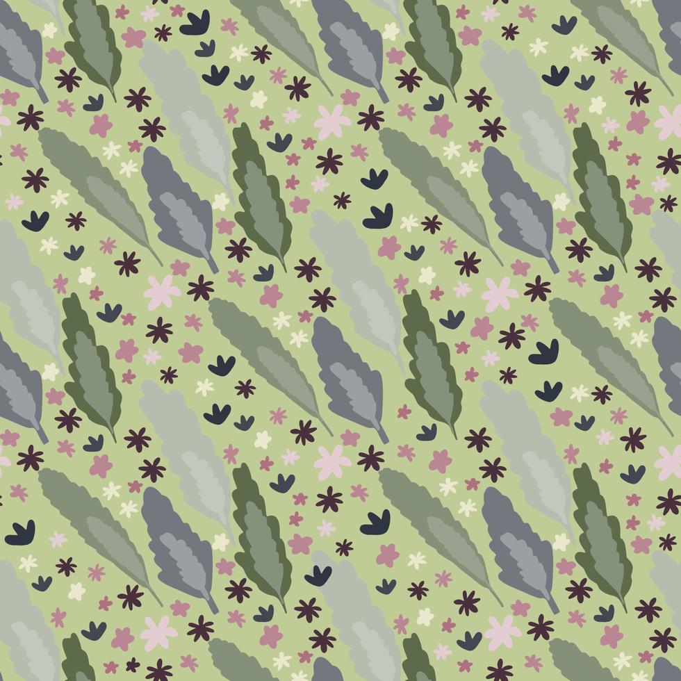 Fall seamless pattern with grey and green foliage elements. Little daisy flowers on green light background. vector