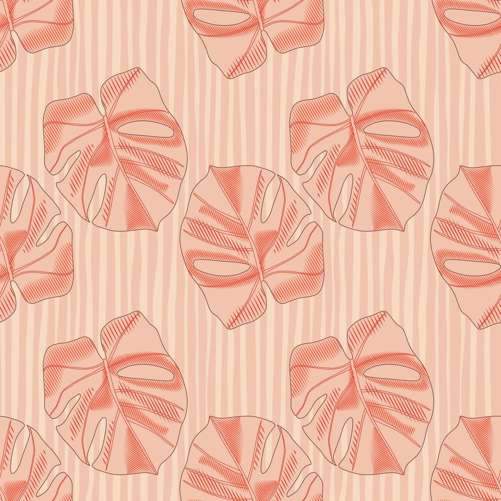 Abstract seamless pattern in pastel tones with simple monstera silhouettes. Light pink tones foliage on striped background. vector