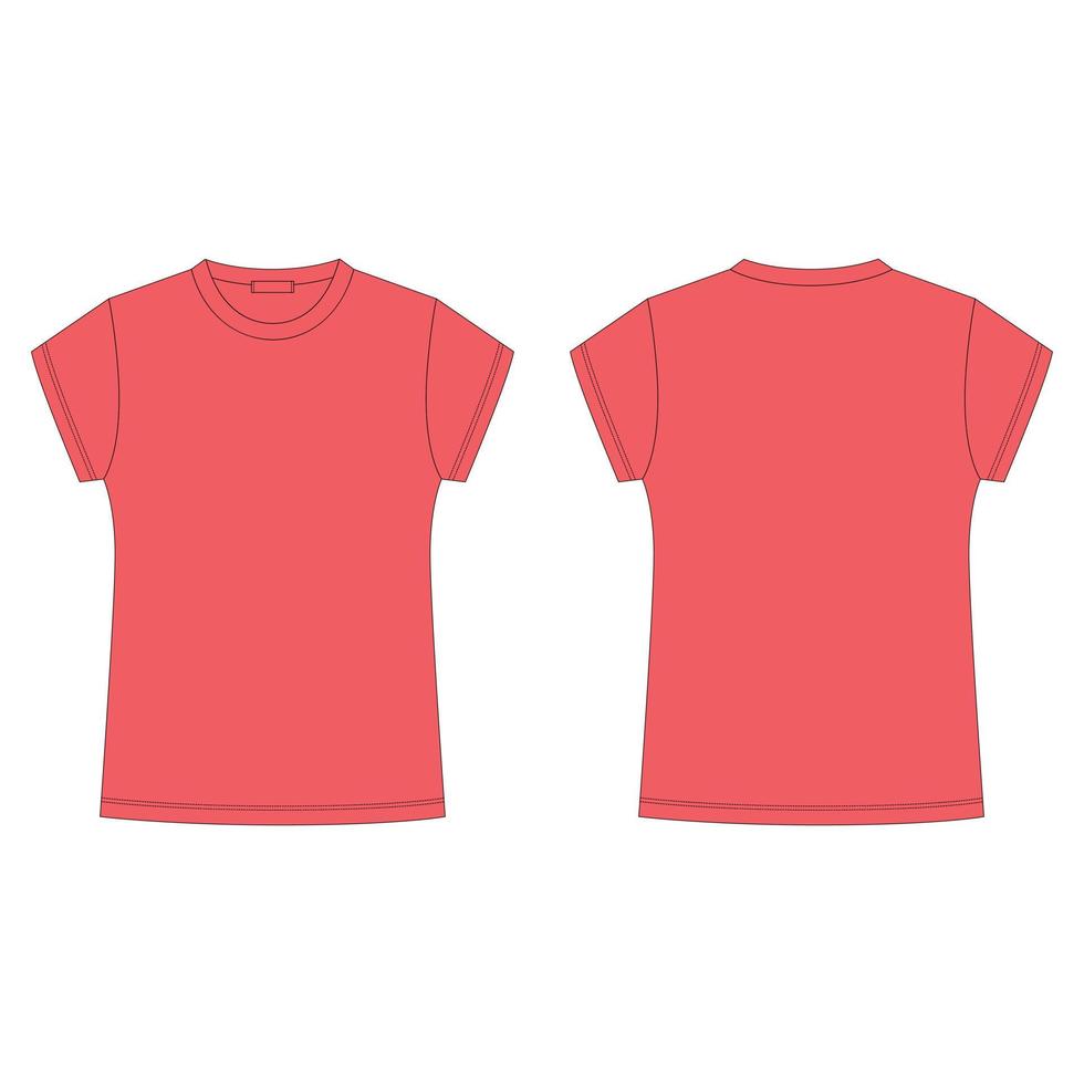 t-shirt blank template in red color isolated on white background. Front and back. Technical sketch tee shirt. vector