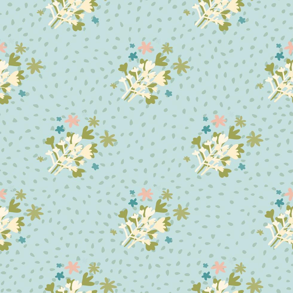 Naive seamless pattern with green and white abstract floral ornament. Blue background with dots. vector