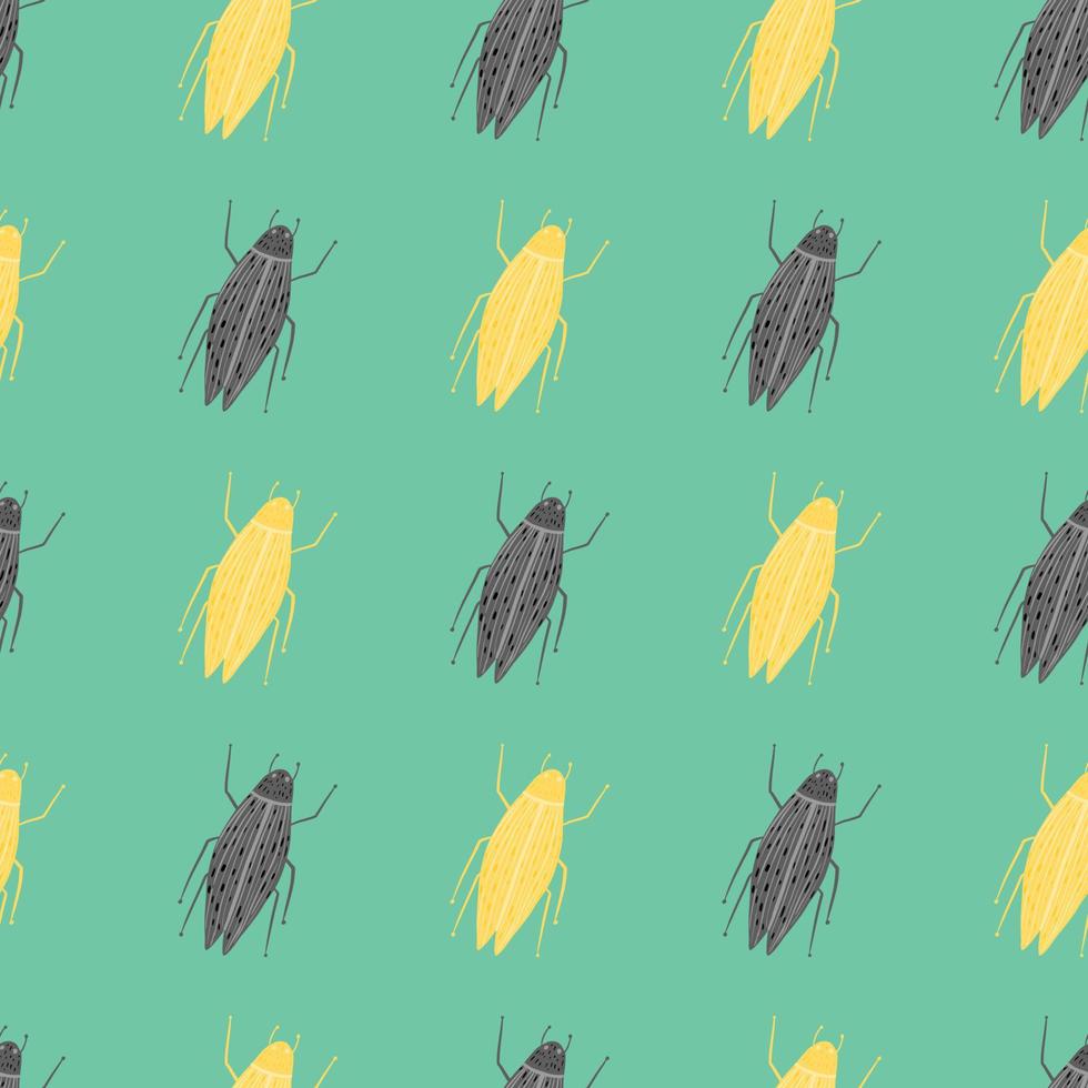 Grey and yellow contoured bugs ornament seamless pattern. Light turquoise background. Nature print. vector