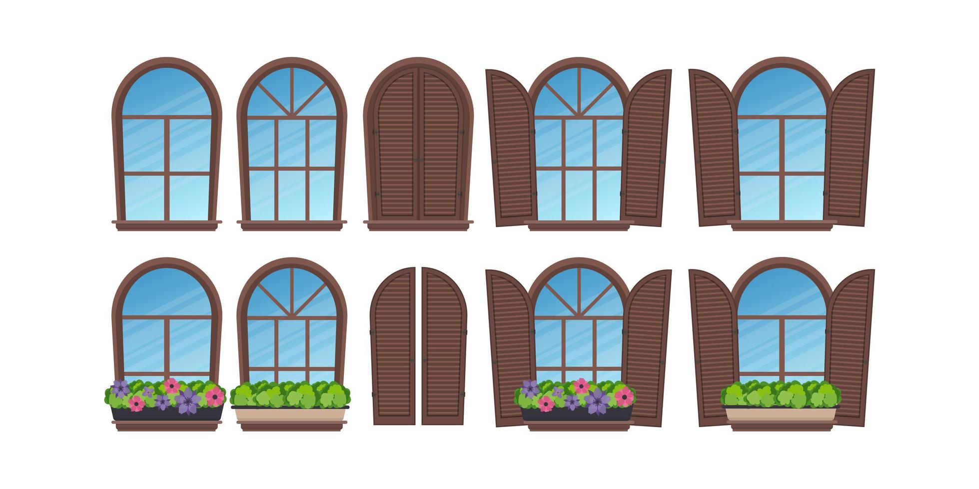 un gran conjunto de ventanas semicirculares con postigos y flores. en un estilo plano. aislado. ilustración vectorial vector