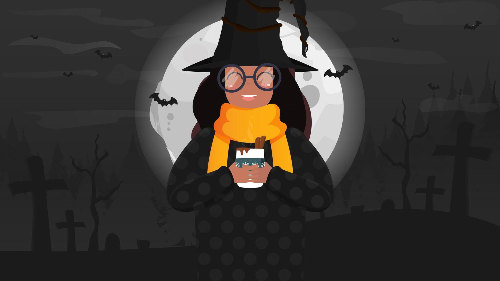 African American girl in a witch costume on the background of the moon. Halloween theme. Cartoon style. Vector illustration.