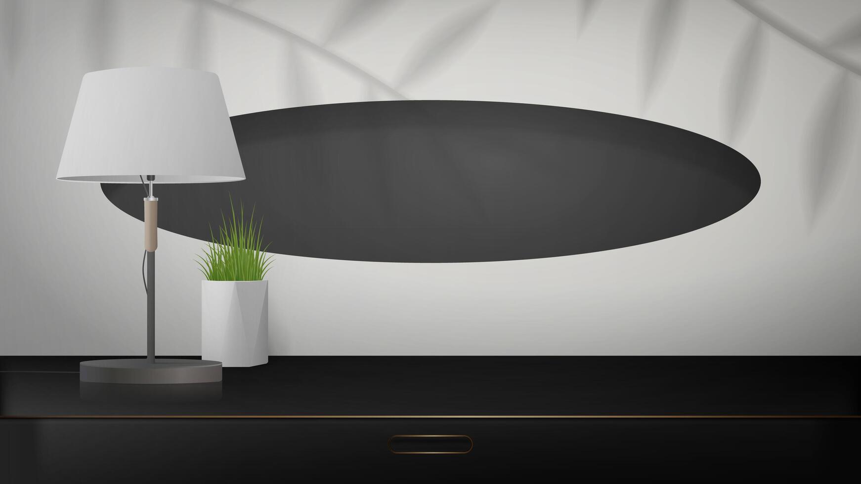 Minimal scene for product presentation. Black wardrobe with gold accents, a table lamp and a houseplant. Mockup for showcasing a cosmetic product, podium, plinth or platform. Realistic style. Vector