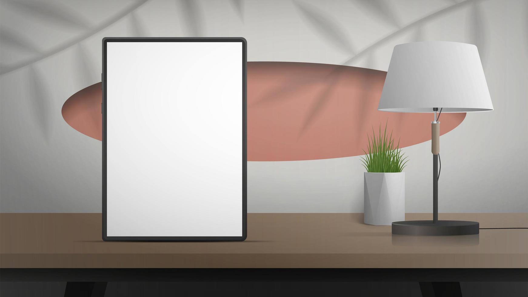 una tableta con una pantalla blanca se encuentra sobre una mesa de madera. habitación blanca con un diseño elegante. banner listo para su anuncio. ilustración vectorial vector