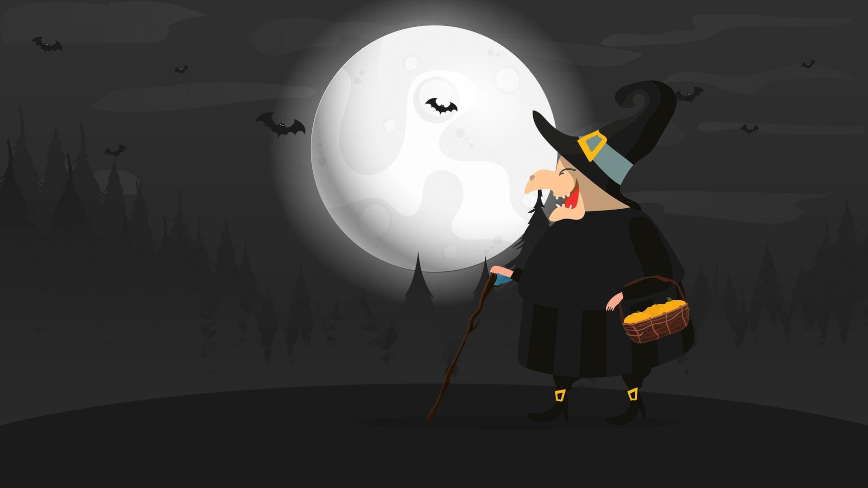 A witch in a black robe walks through the forest. Witch with a hat. Suitable for Halloween-themed designs. Vector. vector