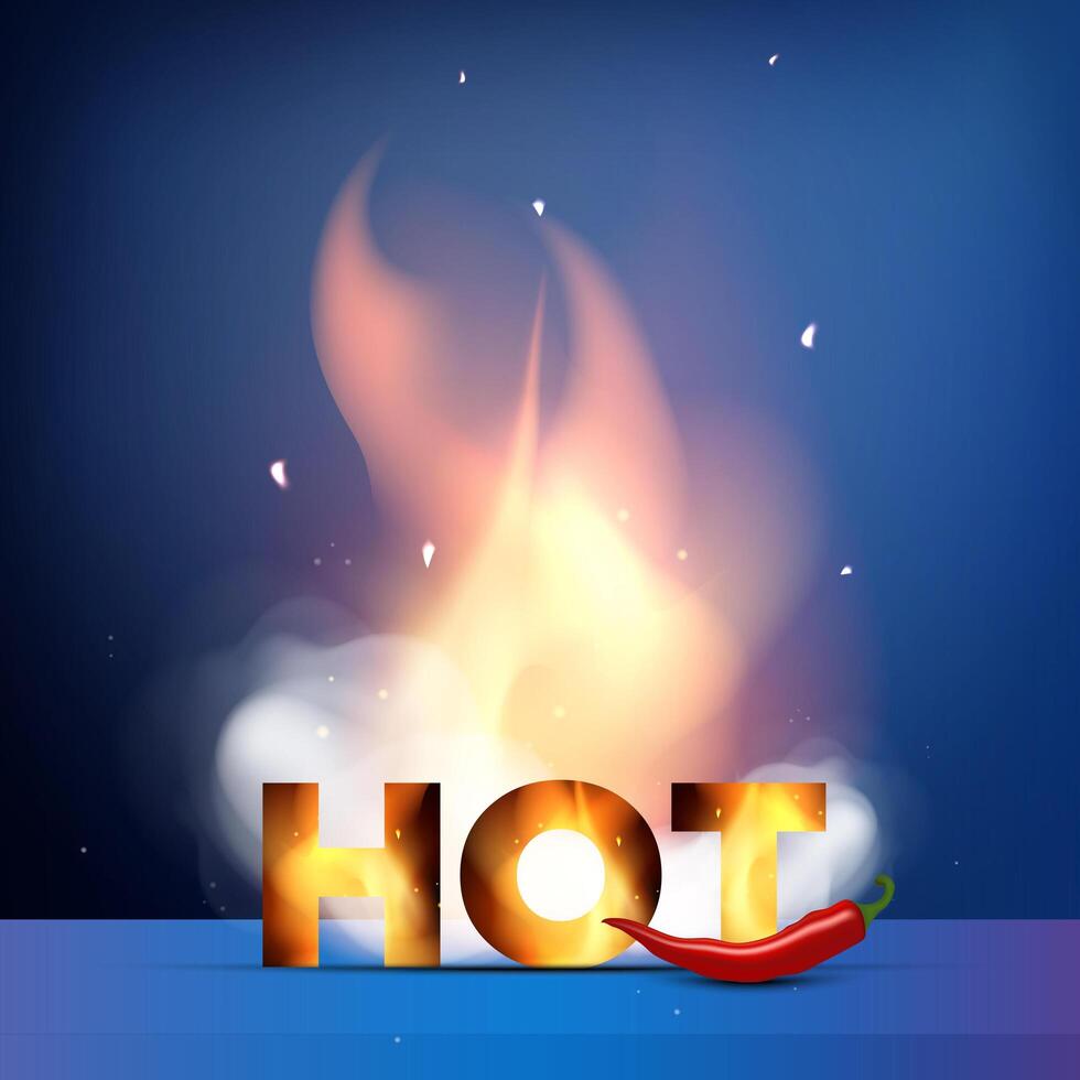 Inscription Hot in fire and smoke. Red hot peppers. The concept of promotions, discounts and sales. Transparent, realistic style. Banner for advertising. Vector illustration.