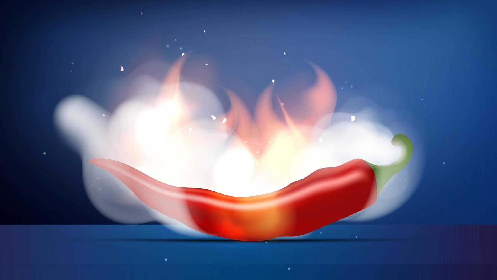 Red hot peppers on fire and smoke. Chili peppers white clouds of smoke and flames. Ready poster or banner for advertising. Realistic style. Vector illustration.